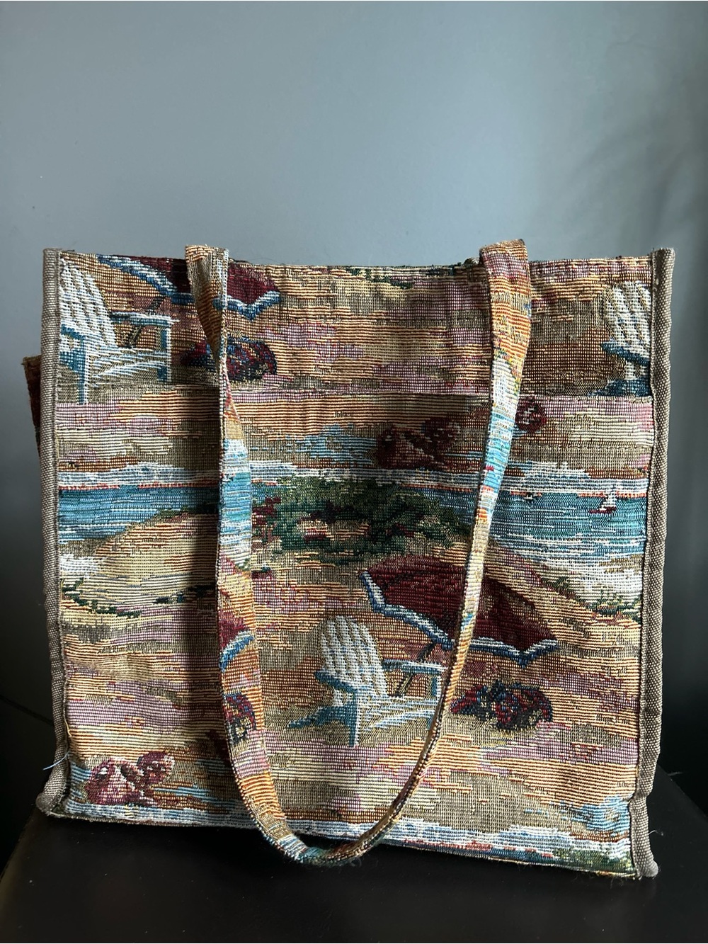 Jade Woven Textile Beach Scene Vintage Tote Bag in Multicolour with Coin Purse